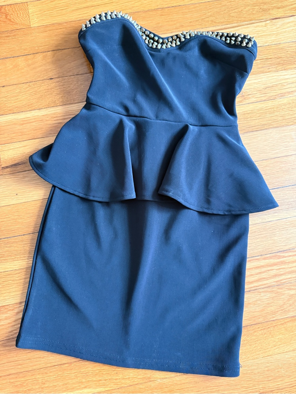Strapless Black Peplum Dress with Studded Neckline S